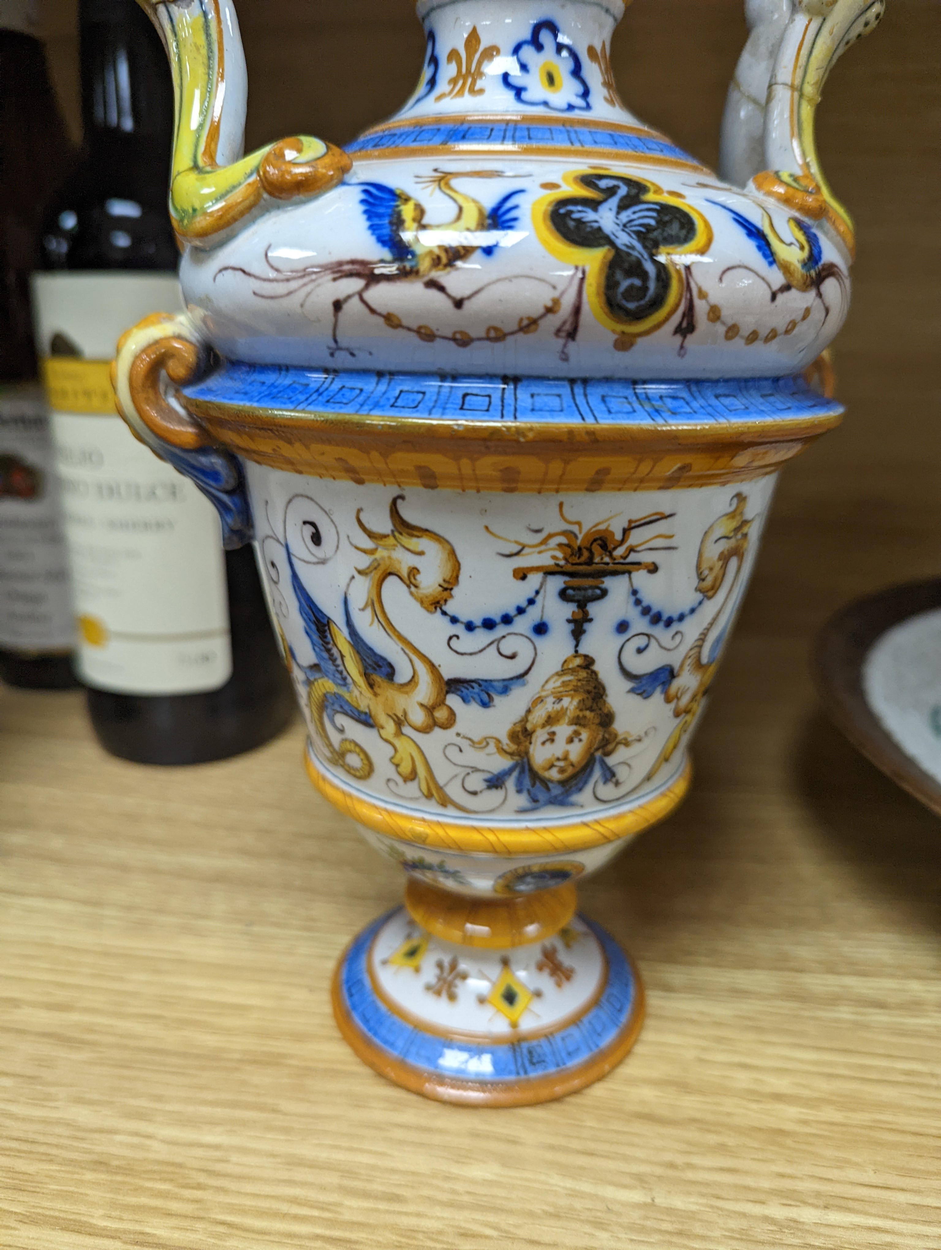 A Ginori maiolica two handled vase and Delft polychrome double cylinder teapot 27cm